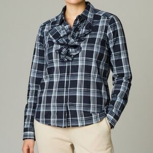 Spense Black & White Plaid Ruffle-Front Button-Down Blouae 4048